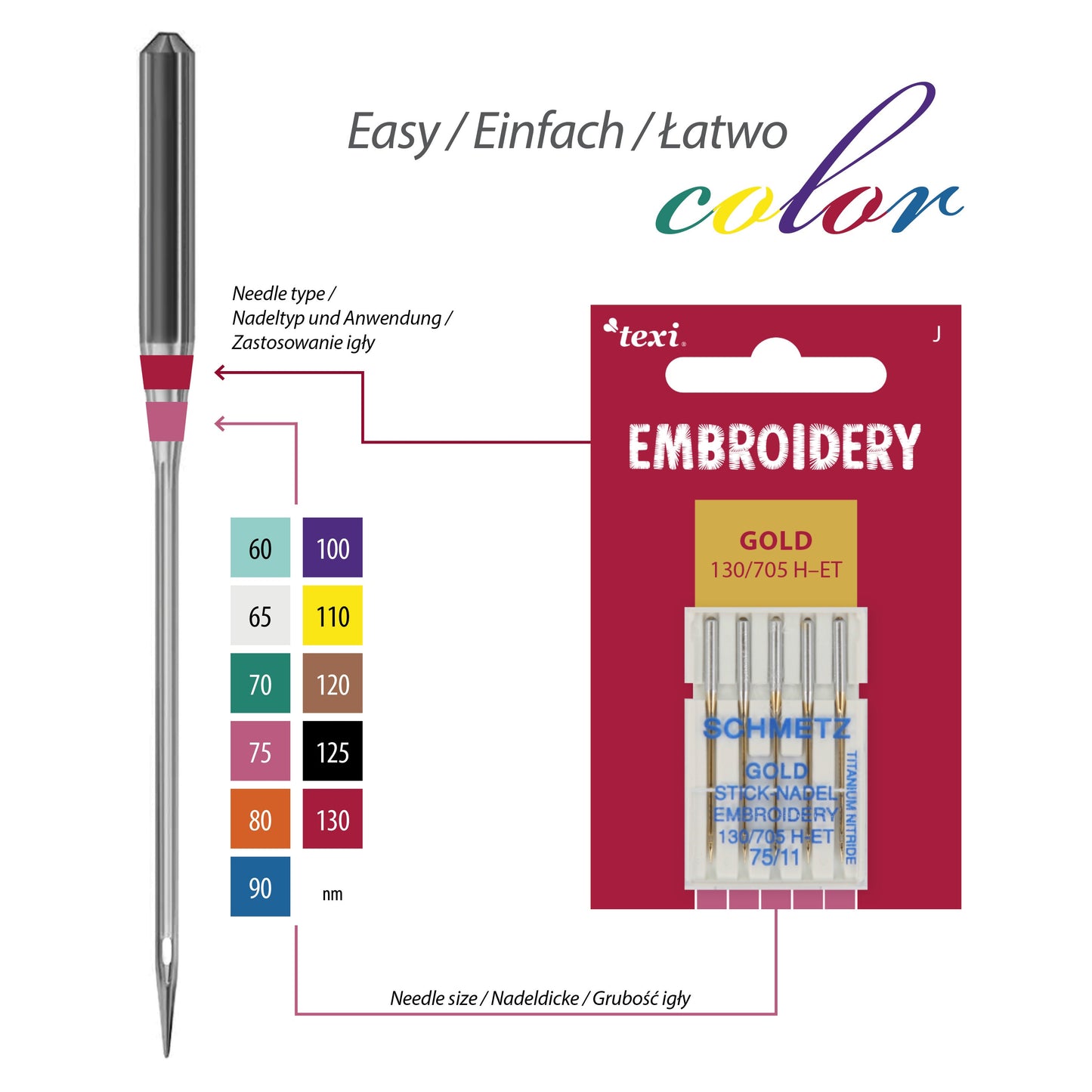 Šujmašīnu adatas izšūšanai SCHMETZ EMBROIDERY GOLD NEEDLES - Nr.75 (5gab.)