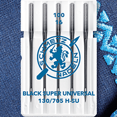 Attēls ar Šujmašīnu adatas universālās SCHMETZ BLACK SUPER UNIVERSAL–Nr.100 (5gab.) – pieejams Šarlotes audumi