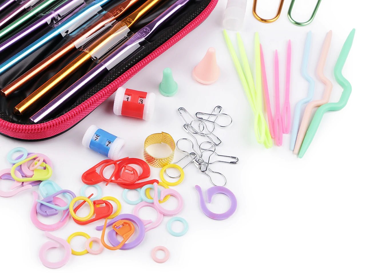 Tamborēšanas komplekts ar metāla tamboradatām un aksesuāriem | Rozā maciņā | 99 gab.