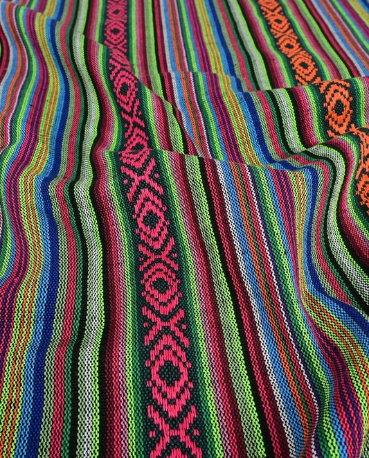 Image of folk-pattern fabric - green, fuchsia and orange 200 g/m² – available at Šarlotes audumi