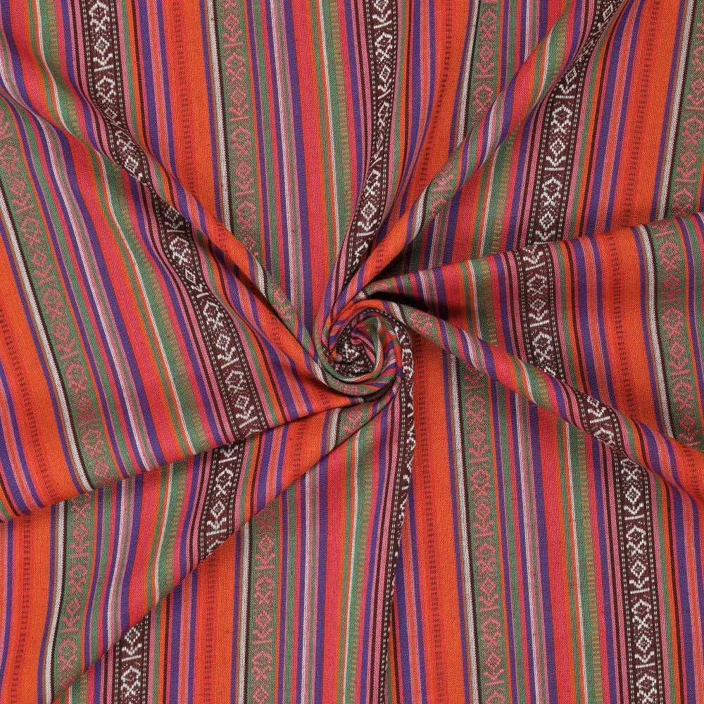 Tautiska raksta audums - zaļš, oranžs ar sarkanu 200 g/m²