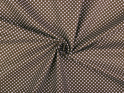 100% Cotton fabric - white polka dots on a brown background (3 mm) 115 g/m²