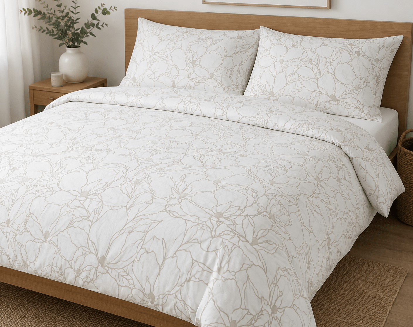att
Pilt 100% puuvillane kangas – beež lillemuster valgel taustal 130 g/m² – saadaval Šarlotes audumi