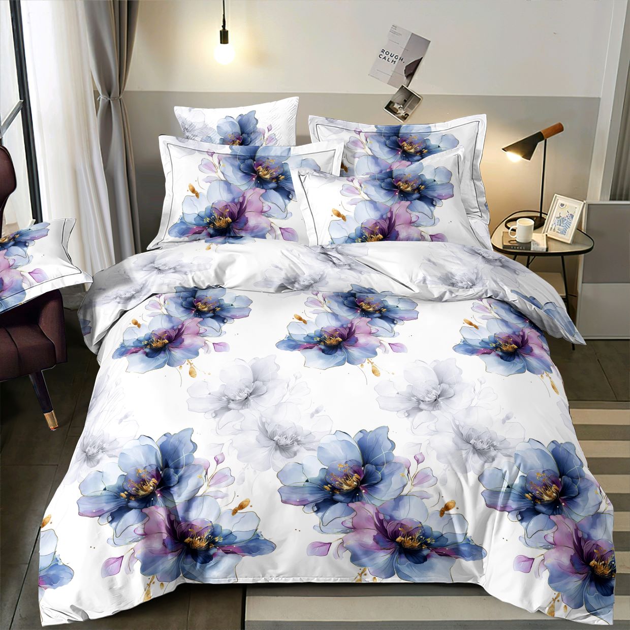 Attēls ar 100% Kokvilnas audums - indigo ziedi 220cm 146 g/m² – pieejams Šarlotes audumi