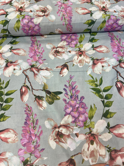 Image with 100% cotton fabric - magnolias on gray – available online at Charlotte Fabrics