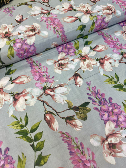 Image of 100% cotton magnolia fabric on gray – available online at Charlotte's Fabrics