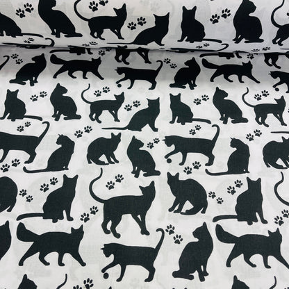 Tissu 100 % coton - chats noirs sur fond blanc 125 g/m²