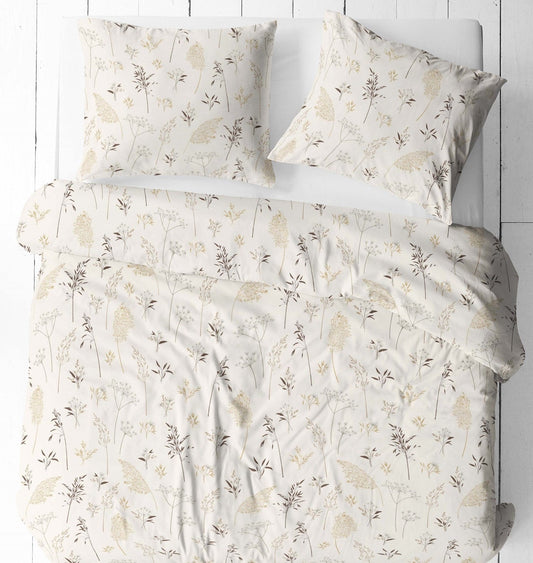 Attēls ar 100% Kokvilnas audums - pļavas zālītes uz bēša fona 125 g/m – pieejams Šarlotes audumi