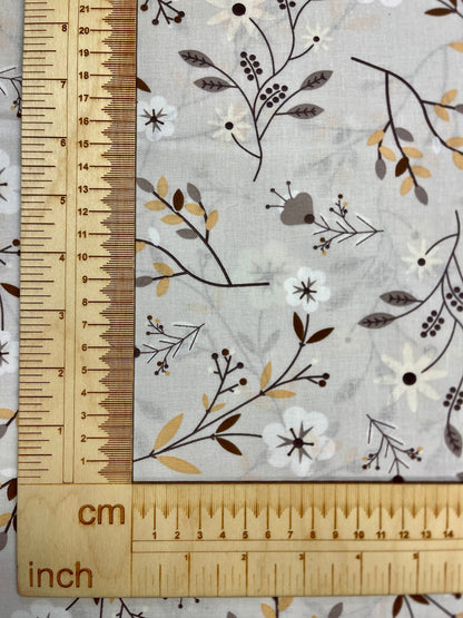 100% Cotton fabric - floral and leaf motif grey 125 g/m²