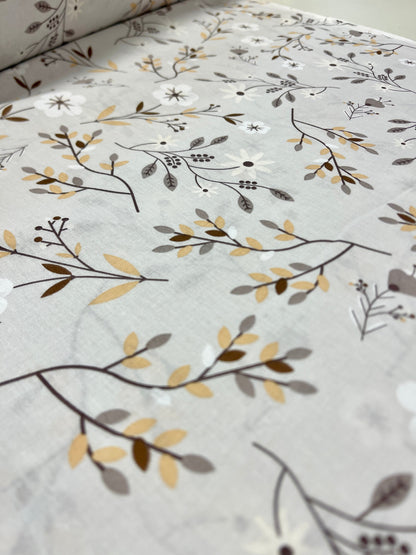 100% Cotton fabric - flower and leaf motif grey 125 g/m²