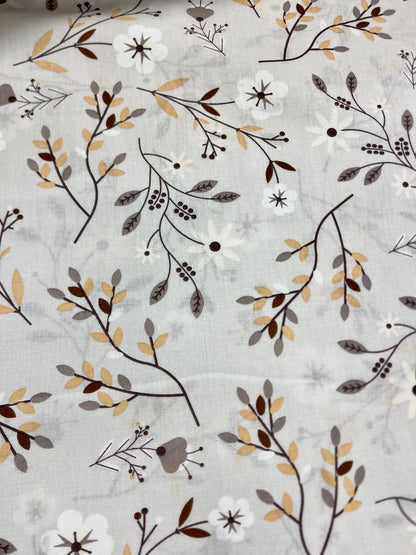 100% Cotton fabric - floral and leaf motif gray 125 g/m²