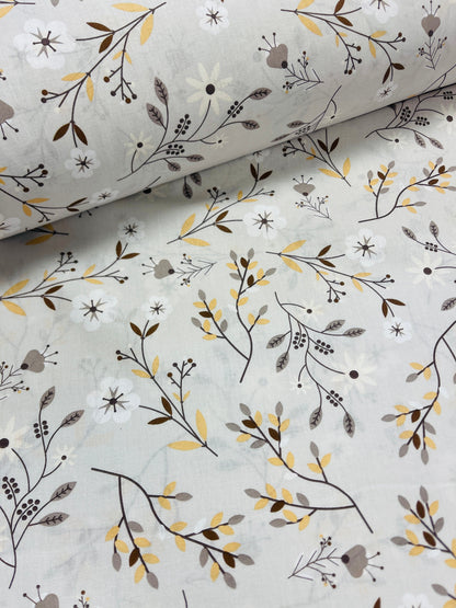 100% Cotton fabric - floral and leaf motif gray 125 g/m²