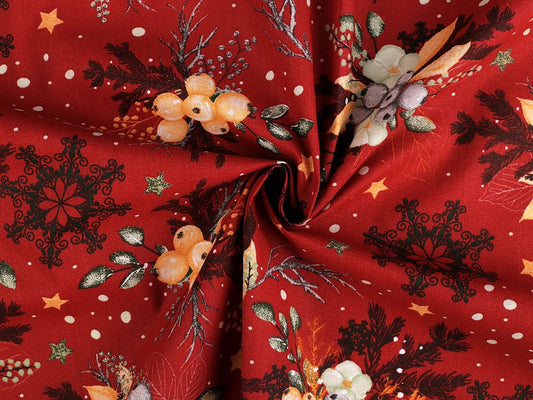 Attēls ar 100% Kokvilnas audums - Ziemassvētku raksts uz sarkana 125 g/m – pieejams Šarlotes audumi