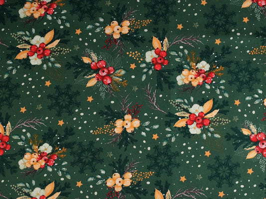 Attēls ar 100% Kokvilnas audums - Ziemassvētku raksts uz zaļa 125 g/m – pieejams Šarlotes audumi