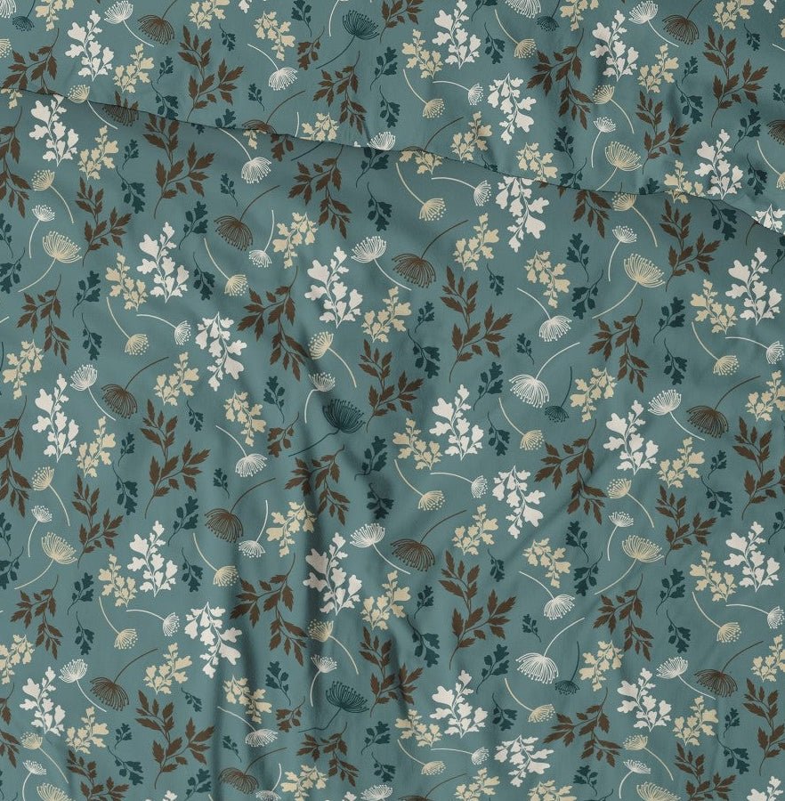 Attēls ar 100% Kokvilnas audums - zilgan zaļš lapu raksts 125 g/m² – pieejams Šarlotes audumi