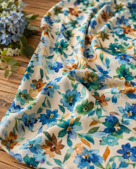 Image of 100% viscose fabric with watercolor flowers in green, blue, and beige tones, 100 g/m² – available online at Šarlotes audumi