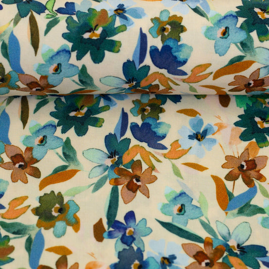 Image of 100% viscose fabric - watercolor flowers in green, blue and beige tones 100 g/m² – available online at Šarlotes audumi