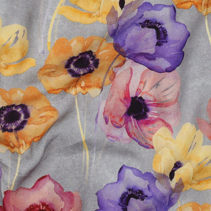 Image of 100% viscose fabric - colorful poppies on a gray background 135 g/m² – available at Charlotte's Fabrics