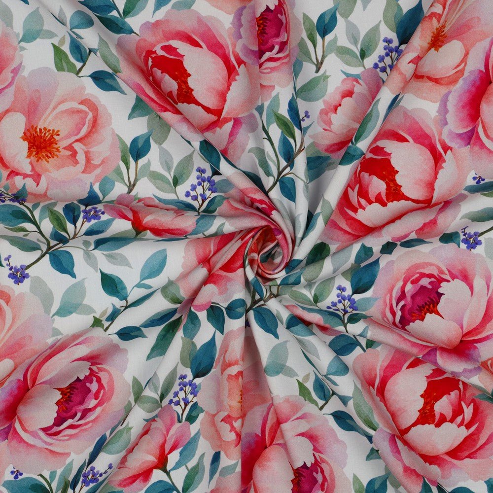 Attēls ar 100% Viskozes audums - krūmrozītes 135 g/m² – pieejams Šarlotes audumi