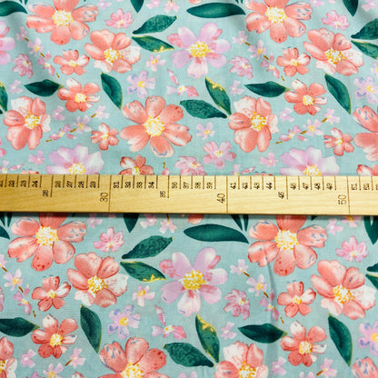 Image of 100% viscose fabric - flowers on a mint background 135 g/m² – available at Charlotte's Fabrics