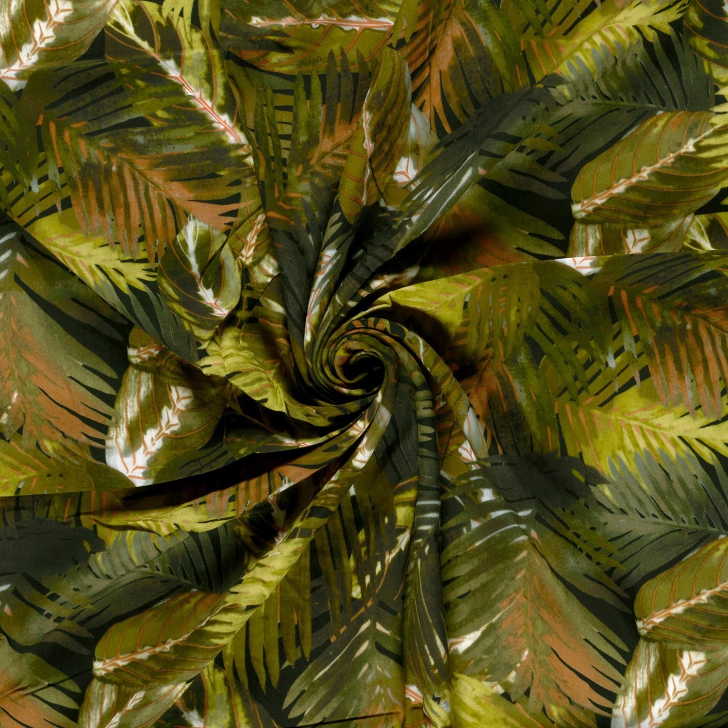 Attēls ar 100% Viskozes audums - zaļas tropu lapas 125 g/m² – pieejams Šarlotes audumi