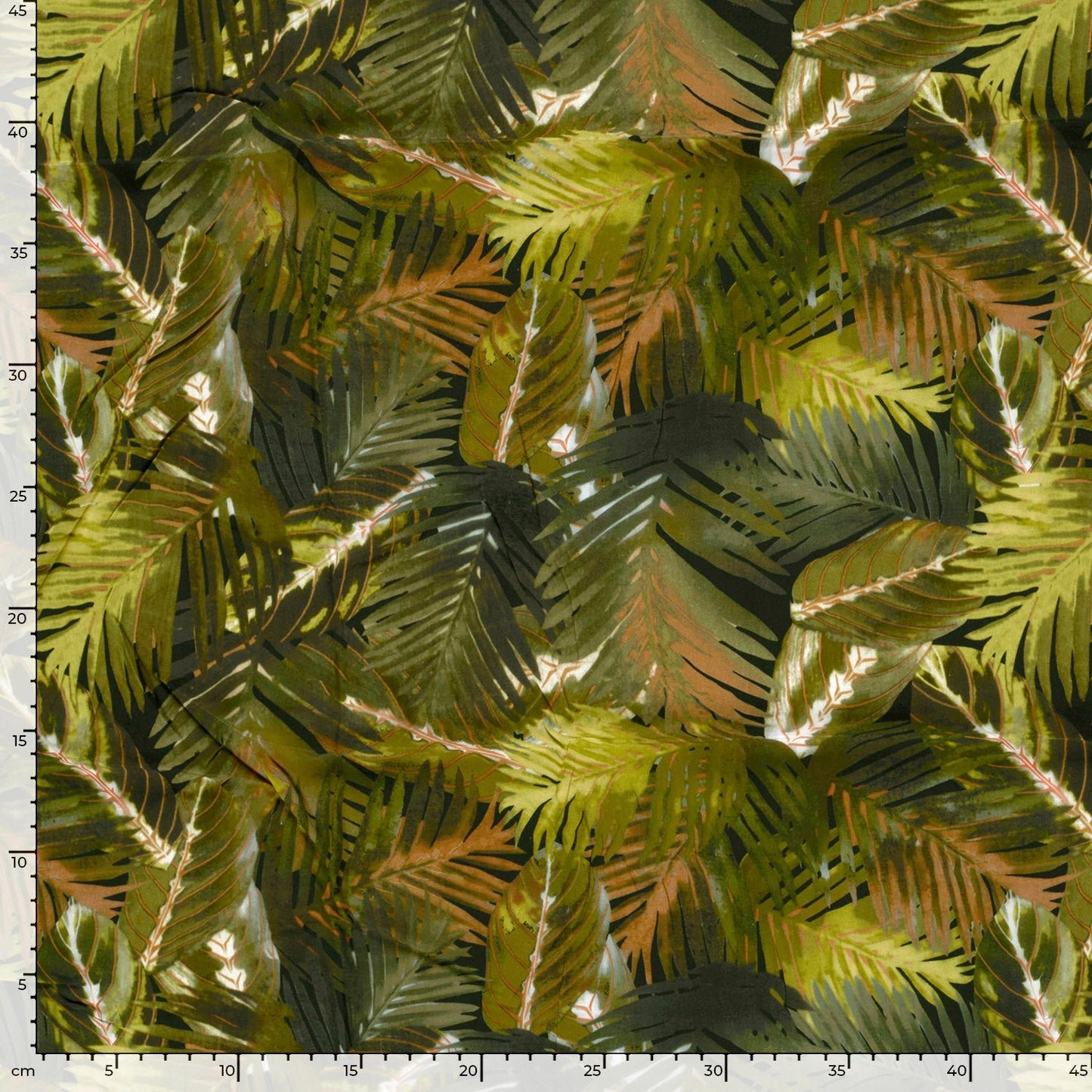 Attēls ar 100% Viskozes audums - zaļas tropu lapas 125 g/m² – pieejams Šarlotes audumi