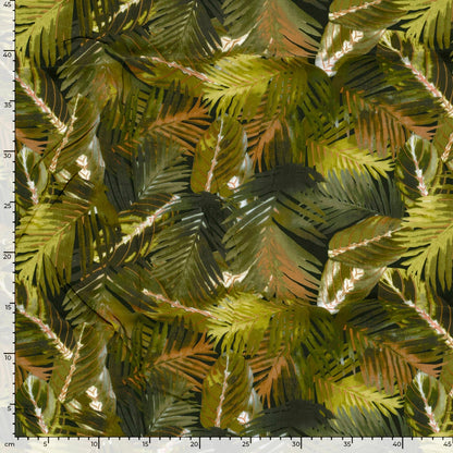 Image with 100% viscose fabric - green tropical leaves 125 g/m² – available at Šarlotes audumi