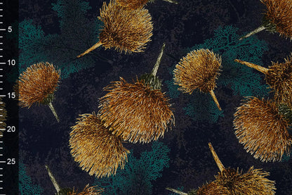Image with 100% viscose fabric - golden dandelions on a dark blue background 115 g/m² – available at Šarlotes audumi