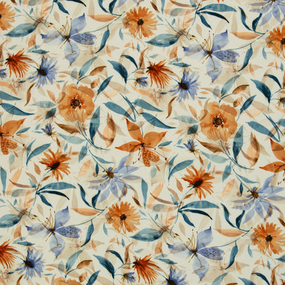 Image of 100% viscose fabric with blue and orange floral motif – available online at Charlotte's Fabrics