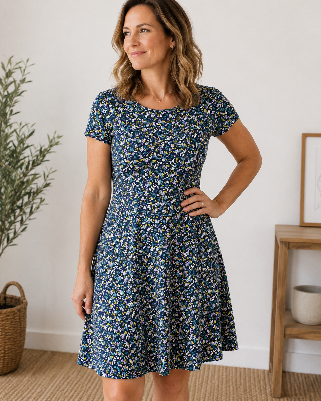 Cotton jersey with delicate flowers on a dark blue background - GOTS certified