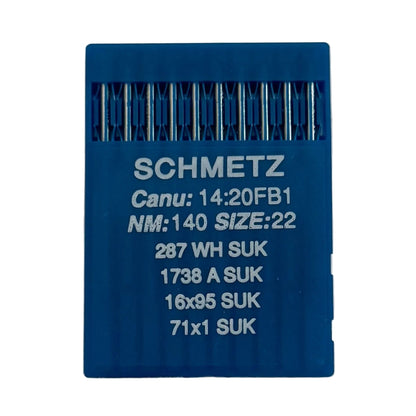 Image des aiguilles industrielles pour machines à coudre SCHMETZ DBx1 SUK – pour maille et denim (10 pcs) – disponible chez Šarlotes audumi