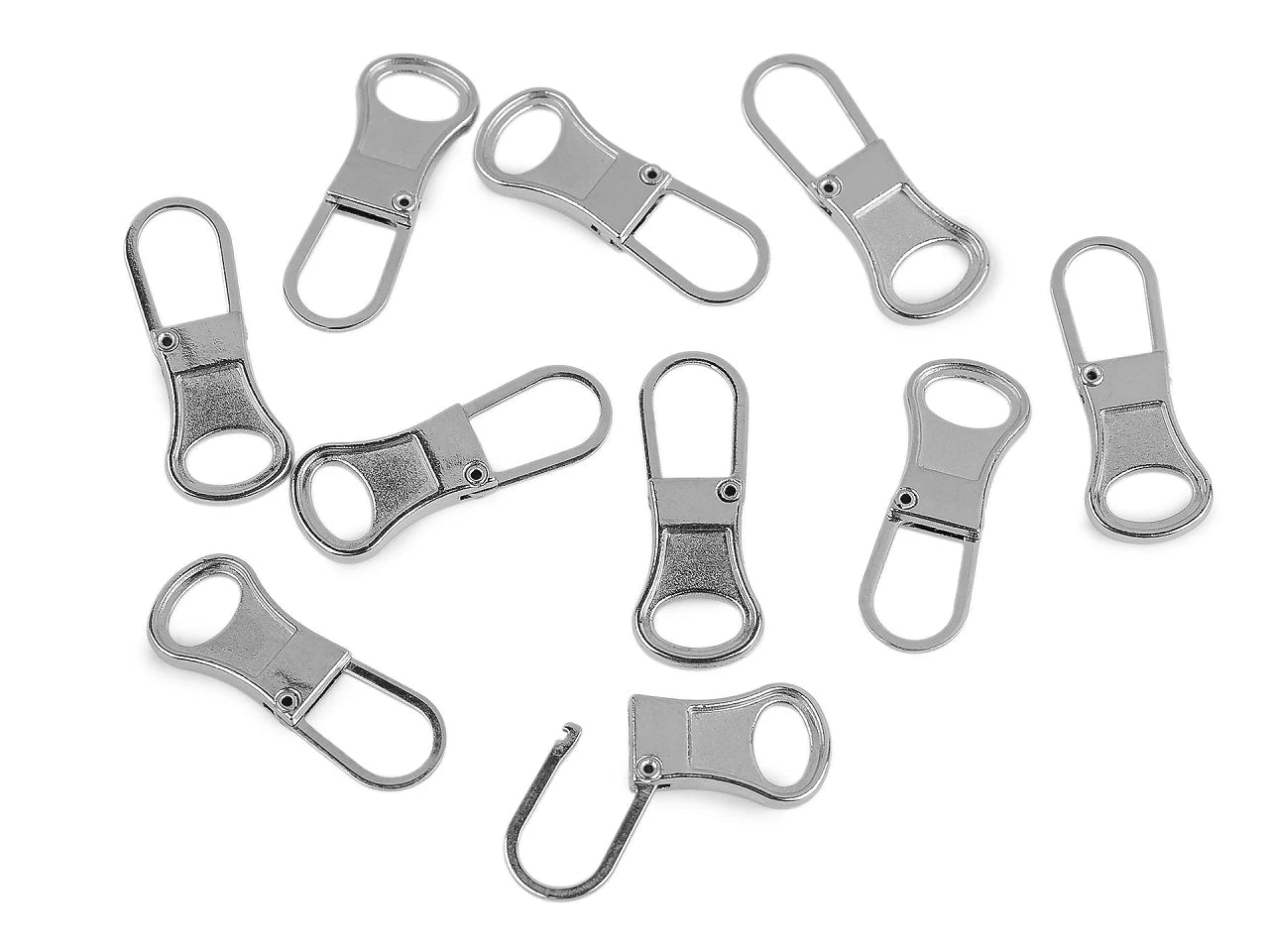 Image of an openable metal zipper pull for repair – 10 × 27 mm – available online at Charlotte's Fabrics