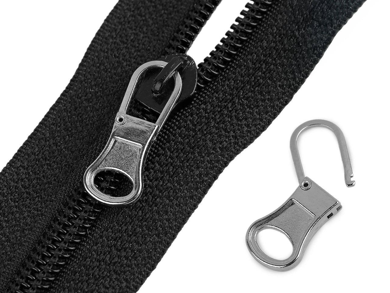 Openable metal zipper pull for repairs – 10 × 27 mm – available online at Charlotte's Fabrics