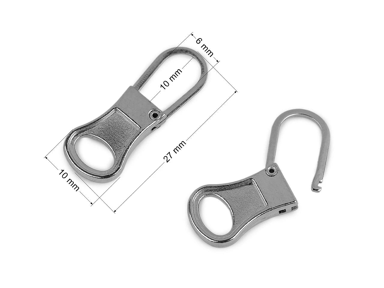 Openable metal zipper pull for repair – 10 × 27 mm – available online at Charlotte's Fabrics