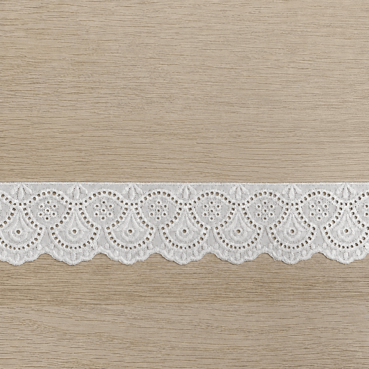 White embroidered lace ribbon with satin sheen – 40 mm – available online at Charlotte's Fabrics