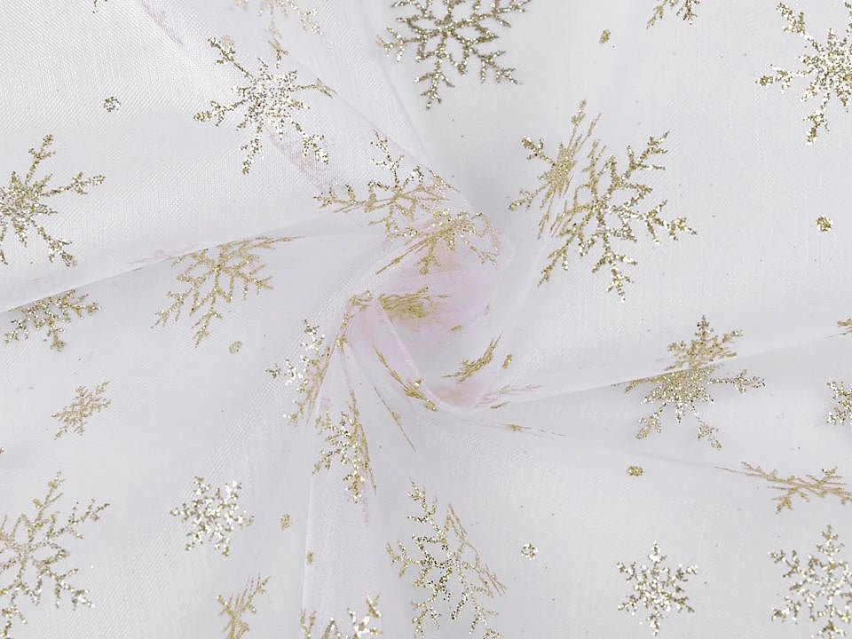 Valge organza kuldsete säravate lumehelvestega – saadaval veebis Šarlote kangad