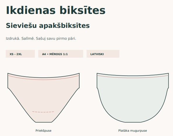 Pilt tasuta naiste aluspükste lõige PDF | XS–2XL – saadaval veebis Šarlotes audumi