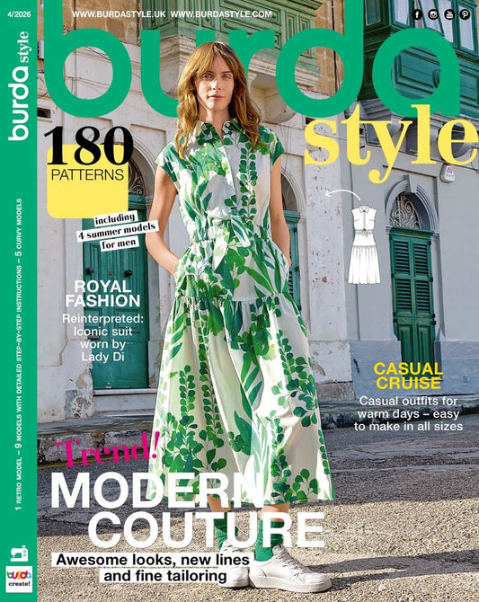 Attēls ar Burda Style 04/2026 - ENG – pieejams Šarlotes audumi