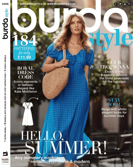 Attēls ar Burda Style 6/2026 EN – pieejams Šarlotes audumi
