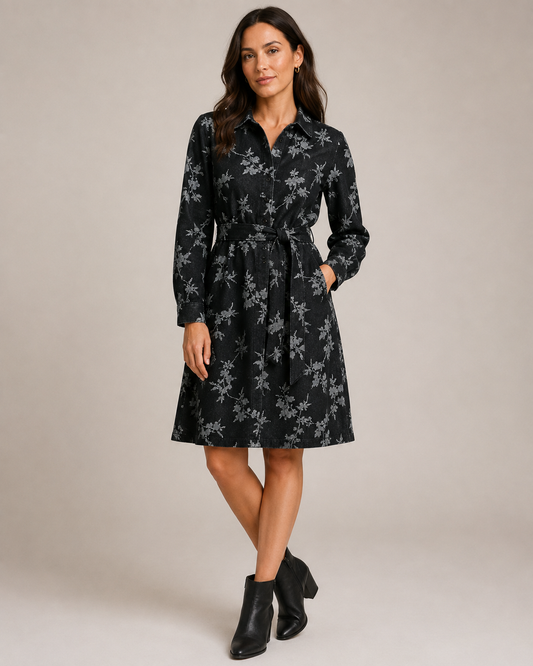 Black floral jacquard denim fabric