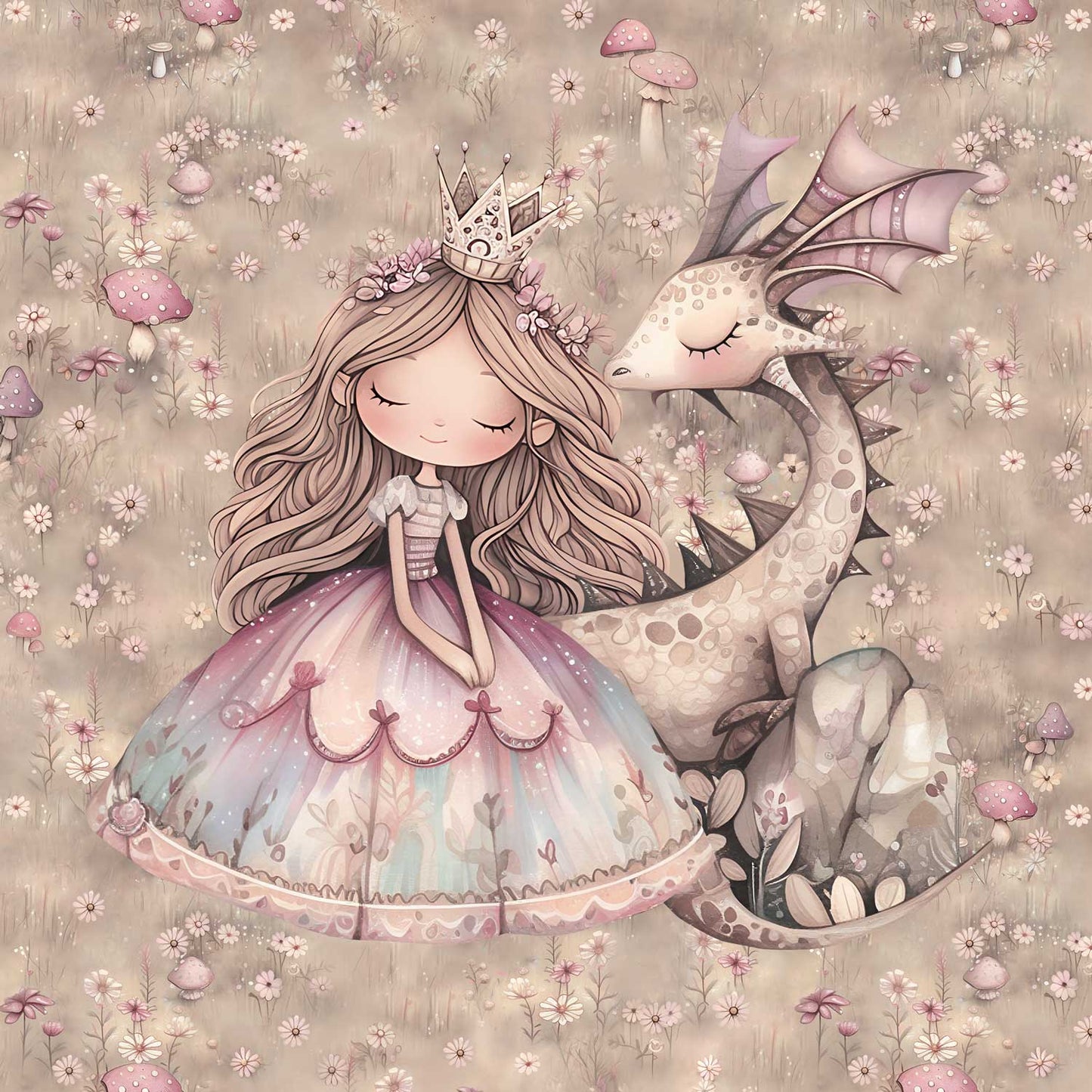 Attēls ar Cilpiņtrikotāžas panelis 40x50 cm - princese un pūķis 250 g/m² – pieejams Šarlotes audumi