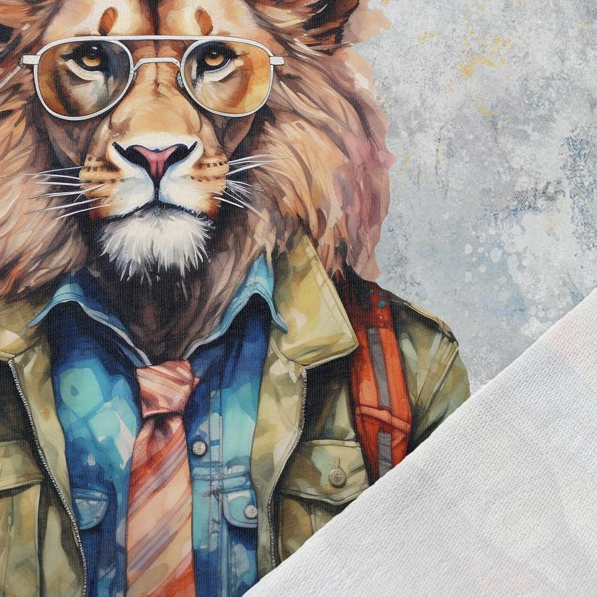 Attēls ar Cilpiņtrikotāžas panelis - karaliskais lauva ar stilīgām brillēm 250 g/m² | Dizains - 01 – pieejams Šarlotes audumi