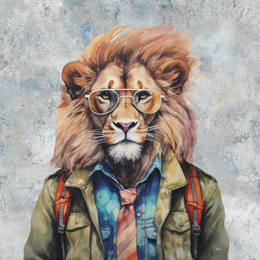 Attēls ar Cilpiņtrikotāžas panelis - karaliskais lauva ar stilīgām brillēm 250 g/m² | Dizains - 01 – pieejams Šarlotes audumi