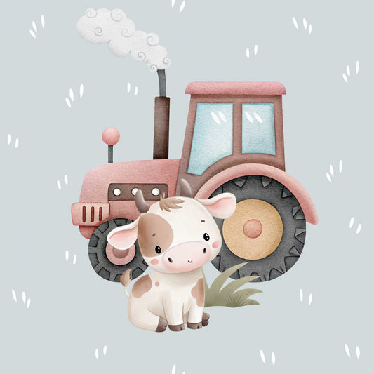 Attēls ar Cilpiņtrikotāžas panelis - teliņš un dūmojošais traktors 250 g/m² | Dizains - 03 – pieejams Šarlotes audumi