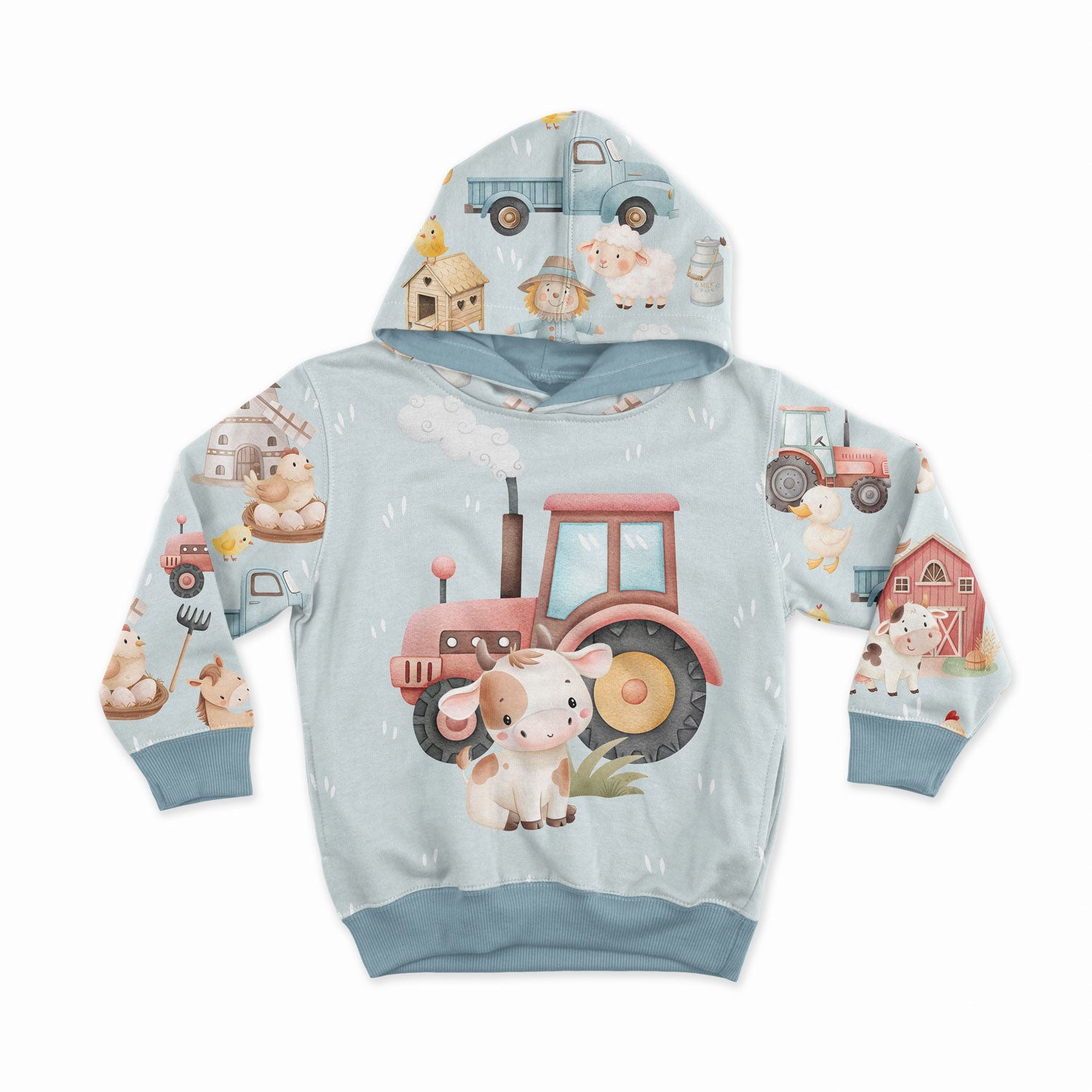 Attēls ar Cilpiņtrikotāžas panelis - teliņš un dūmojošais traktors 250 g/m² | Dizains - 03 – pieejams Šarlotes audumi