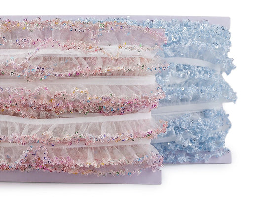 Attēls ar Dekoratīva volānu gumijas mežģīne ar fliteriem 20 mm – pieejams internetā Šarlotes audumi
