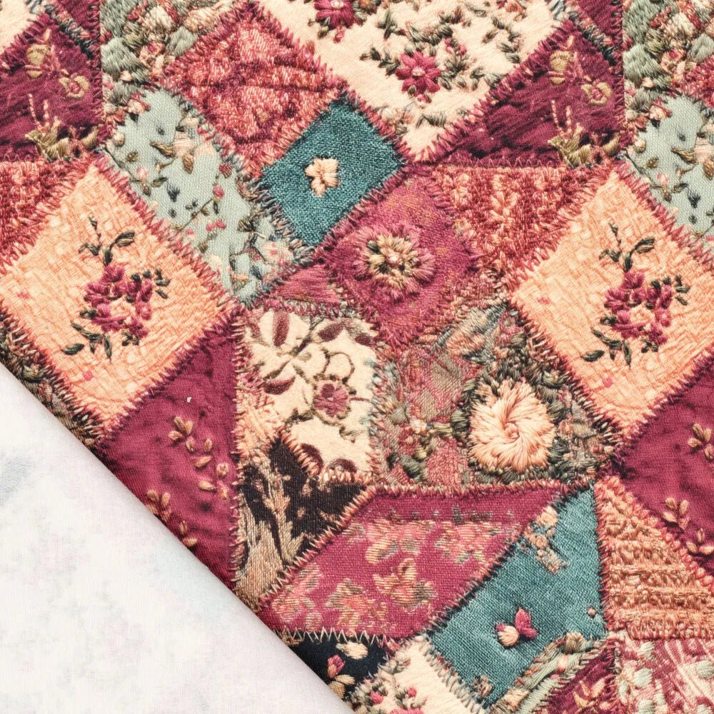 Pilt roosimustriga patchwork-teksa puuvillasest twill-kangast 295 g/m² – saadaval Šarlotes audumites