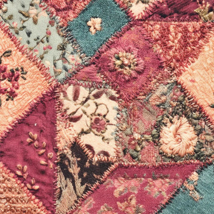 Pilt Džinsa roosimustrilise patchwork-kokvilna tvilli näitest 295 g/m² – saadaval Šarlotes audumid