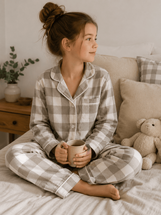 Pilt flanellist hallikaspruunide ruutudega 150 g/m² – saadaval Šarlotes audumi