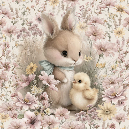 Silmkoeline trikotaažpaneel 40x50 cm – päikeselise jänku sõprus 250 g/m²